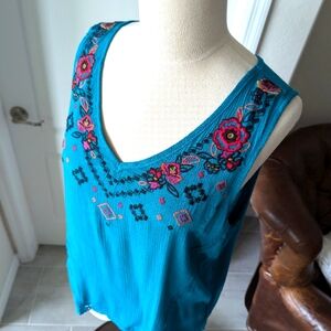 NWT Sleeveless Teal Summer Cotton Gauze Embroidered Tank